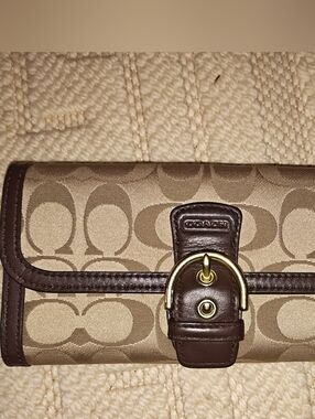 Coach Tan Signature Canvas Wallet with Brown Leather and Gold Hardware